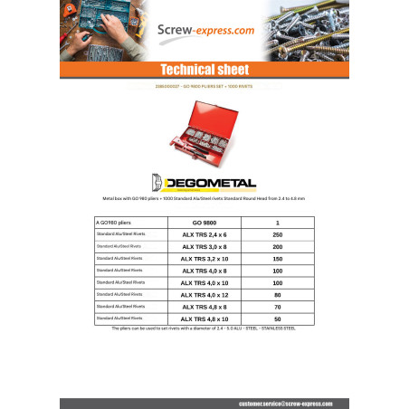 1 x Set of Pliers GO9800 + 1000 Rivet DEGOMETAL