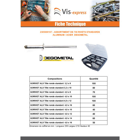 1 x Set of 700 Rivet GORIVET ALX Aluminum Steel Rod DEGOMETAL