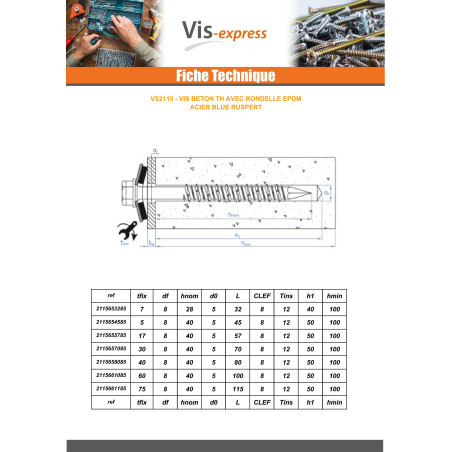 1 x Screw For Concrete Hexagonal Head Neoprene Bonded Sealing Washer Epdm 6.5X80 Blue Ruspert