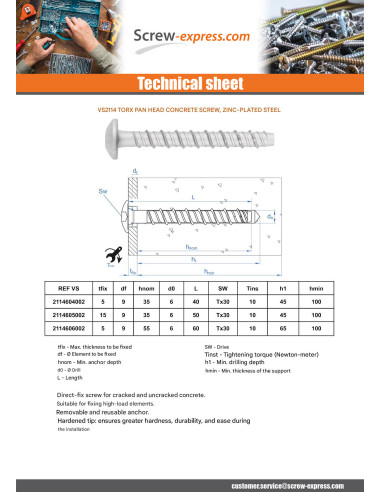 1 x Screw For Concrete Head Pan Head Torx T30...