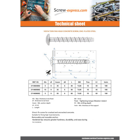 1 x Screw For Concrete Head Pan Head Torx 6X60 Zinc Plated