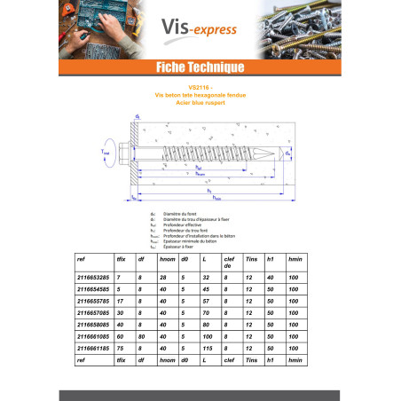 1 x Screw For Concrete Hexagonal Head Slotted 6.5X150 Blue Ruspert