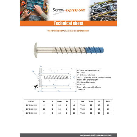 1 x Screw For Concrete Head Pan Head Torx T30 6X50 Bimetal