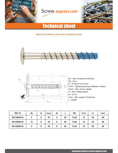 1 x Screw For Concrete Head Pan Head Torx 6X40...