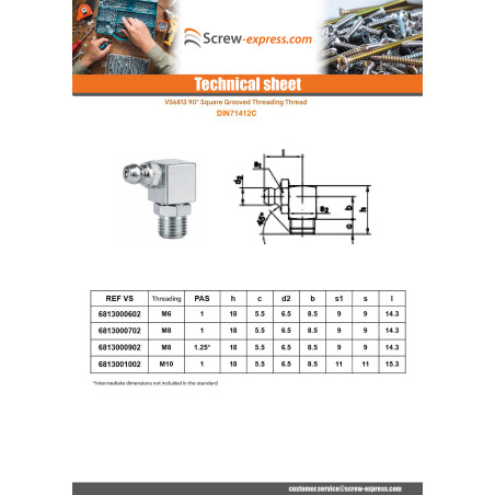 1 x 90° angled grease nipple Square M6 Pitch 100 Zinc Plated