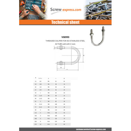 1 x U-Bolt Stainless Steel A4 Round bottom to Tube Of 27 Threaded M8/25