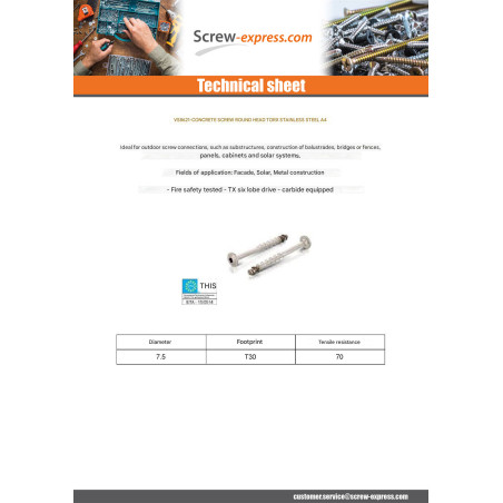 1 x Screw For Concrete Head Pan Head T30 Stainless Steel A4 7.5X60 Thread Length: 5