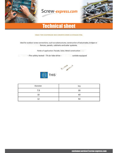 1 x Screw For Concrete Countersunk Head T30...