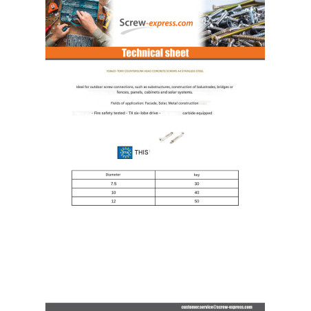 1 x Screw For Concrete Countersunk Head T30 Stainless Steel A4 7.5X85 Thread Length: 30