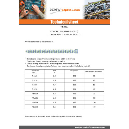 1 x Screw Concrete Pan Head Reduced 7.5X100 Head Diameter: 8.5 T30 Zinc Plated