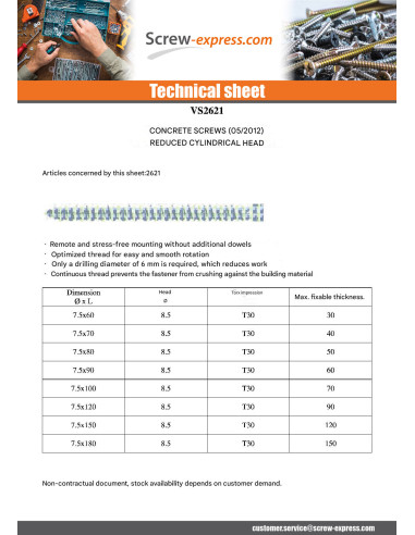 1 x Screw Concrete Pan Head Reduced 7.5X80 Head...