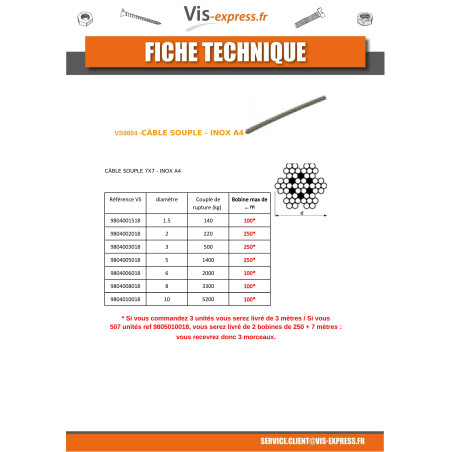 1 x Meter of Soft Wire Rope Diameter 12 Stainless Steel A4 7X19 Breaking load 7500 kg (Sold By Meter)