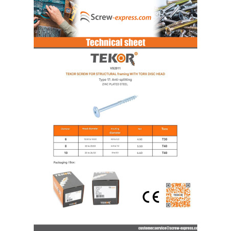 1 x Chipboard Screw Tekor Disc Head Screw T30 cut Type 17 Drilling Point 6X130 Thread Length: 60 Zinc Plated