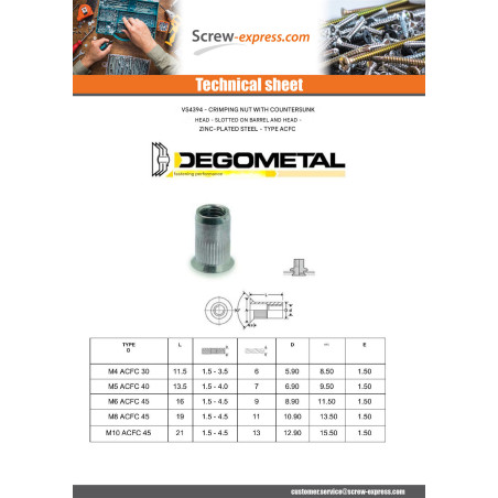 1 x Rivet nut With Serration Countersunk Head M10X21 ACFC 45 Zinc Plated