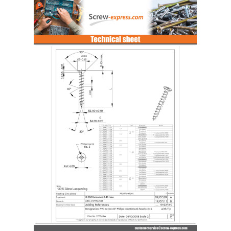 1 x Screw For Plastic Pan Countersunk Head Phillips 4.3X20 Self Drilling Zinc Plated Ral9016/Traffic Signalisation