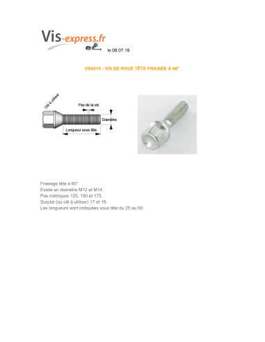 1 x Screw WHEEL M12X60 Pitch 125 S/PL17 Class...