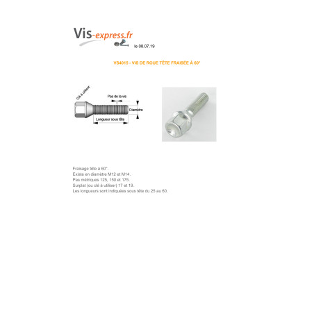 1 x Screw WHEEL M12X60 Pitch 125 S/PL17 Class 10.9 Zinc Plated
