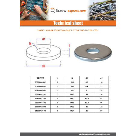 1 x Washer for construction Wood Internal Round 9X28X3 Zinc Plated