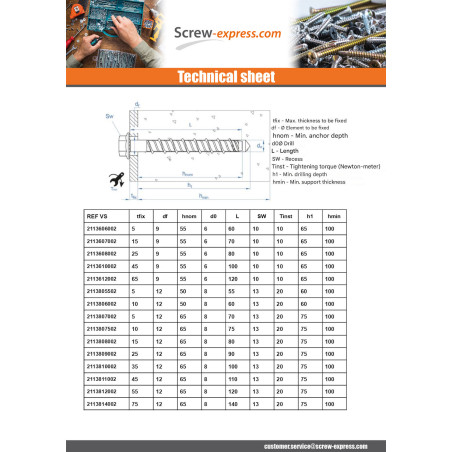 1 x Screw For Concrete Hexagonal Head Flange T13 8X80 Zinc Plated