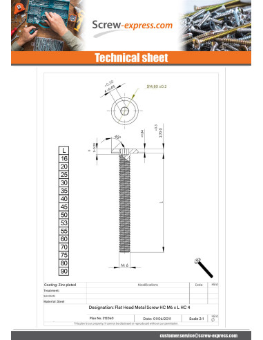 1 x Machine Screw flat Hexagon Socket 4 M6X55...