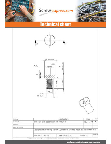 1 x Nut Binder Pan Head Slotted 8X12 M6X11 Brass