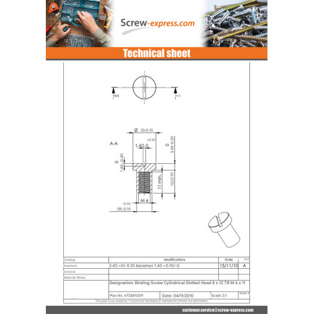 1 x Nut Binder Pan Head Slotted 8X12 M6X11 Brass