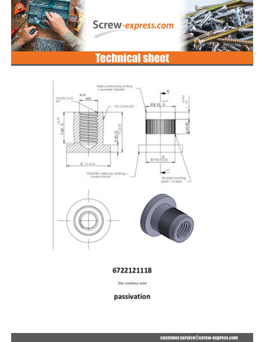 1 x Nut Binder Flat Head Knurled M5X8.5 8X9 316L