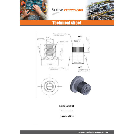 1 x Nut Binder Flat Head Knurled M5X8.5 8X9 316L