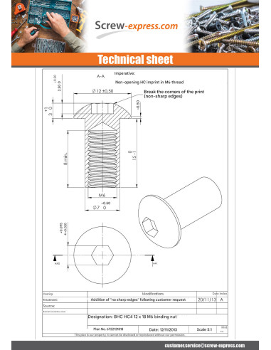 1 x Nut Binder Pan Head M6X8 Hexagon Socket 4...
