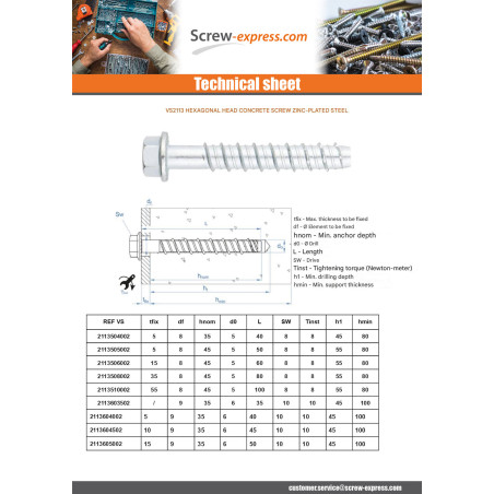 1 x Screw For Concrete Hexagonal Head Flange T21 14X100 Zinc Plated