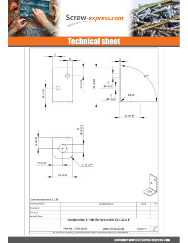 1 x Bracket 52X32X30 3 Hole Yellow Zinc