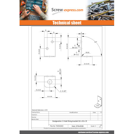 1 x Brackets 52X32X30 3 Hole Yellow Zinc