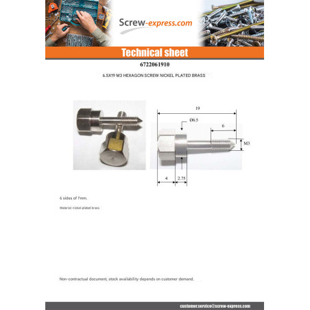 1 x Screw Countersunk Head Nickel Plated Brass M3 6.5X19 Article A890 MY