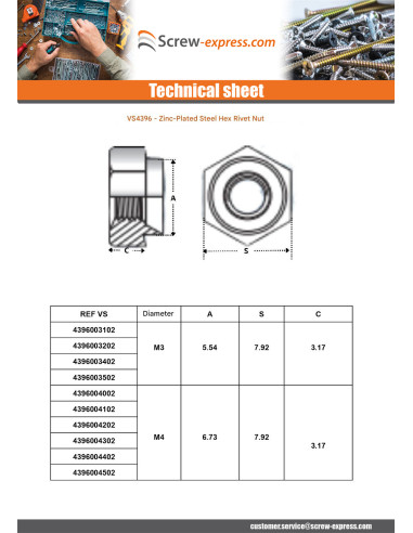 1 x Rivet Bushes Hexagonal Zinc Plated M3...