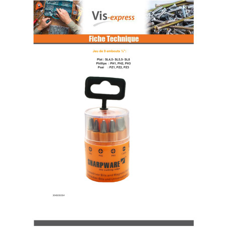 1 x Set of 9 Bit 1/4 Slotted Phillips Pozi