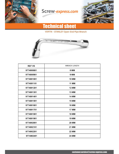 1 x Key to unclogged pipe STANLEY 6X12 pans 19 MM