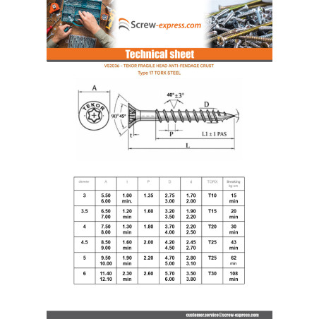 1 x Chipboard Screw Tekor Countersunk Head With Serration 4.5X50 T20 Zinc Plated cut Type 17 Drilling Point