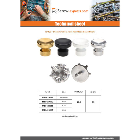 1 x Coat hook decorative Aluminium White with fixing for plasterboard L'ATTACHANTE