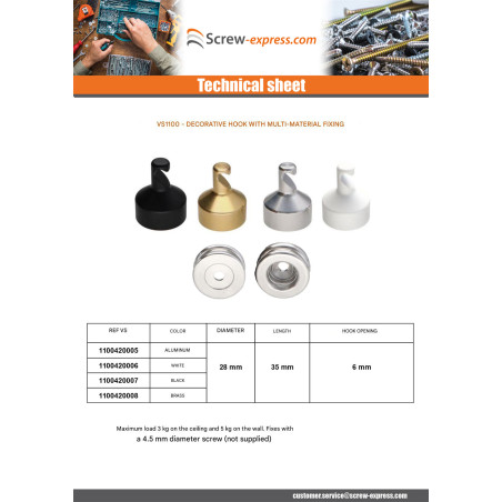 1 x Hook decorative Aluminium with fixing multi-material L'ATTACHANTE