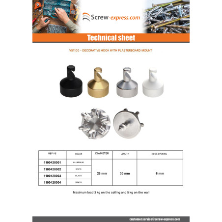 1 x Hook decorative Aluminium with fixing for plasterboard L'ATTACHANTE
