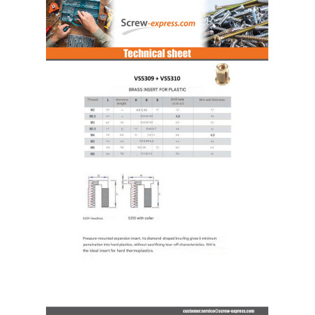 1 x Self Tapping Insert With Collar EXPANSIONFIX Brass M3.5X6.3
