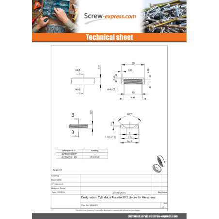 1 x Cylindrical rosette or screw cover (1 rosette and 1 screw cup) Brass POLITE DIAM20 Screw M6