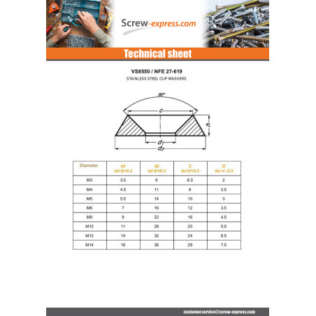 1 x Cup Washer: Full Stainless Steel A2 M12