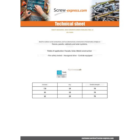 1 x Screw For Concrete Hexagonal Head S13 Stainless Steel A4 12X100 Thread Length: 15