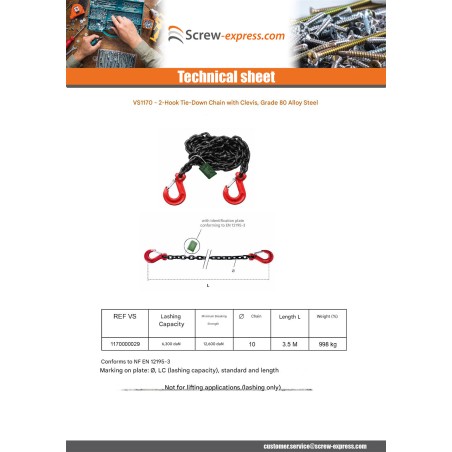 1 x Chain lashing 2 Hook Grade 80 3.5 M Steel Black