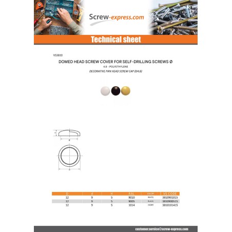 1 x Cover Cap Cylindrical Button Head Thread Rolling Screw DE4.8 Nylon Ral9005/Jet Black