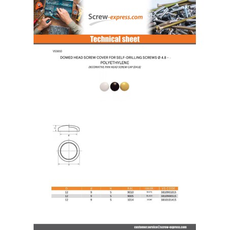 1 x Cover Cap Cylindrical Button Head Screw Diameter ST4.8 Nylon Ral9010/Pure White