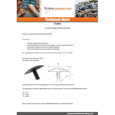 1 x Cap Plastique Head Diameter: 12 DT 3 Total Lengh 6 Ral9010/Pure White