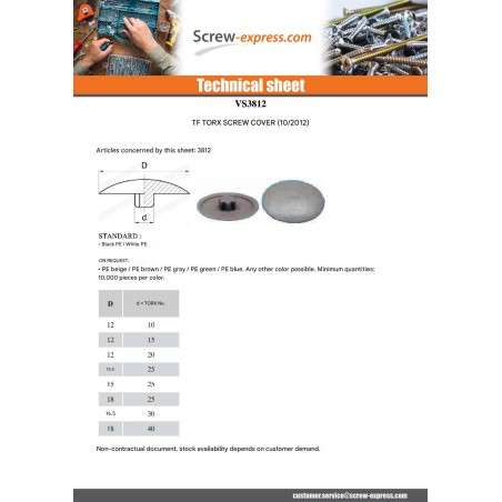 1 x Cover Cap Countersunk Head Torx T20 Head Diameter: 12 Nylon Ral9010/Pure White