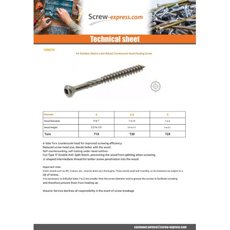 1 x Decking Screw Pan Countersunk Head T25 5X60 Stainless Steel A4